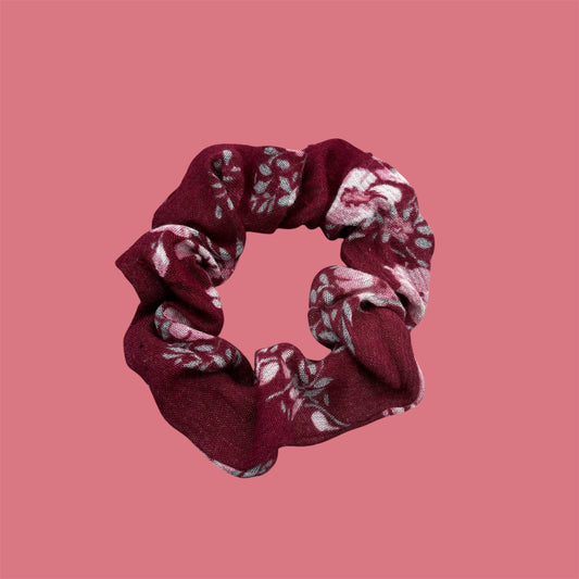 Chouchou Maxi bordeaux et fleurs roses